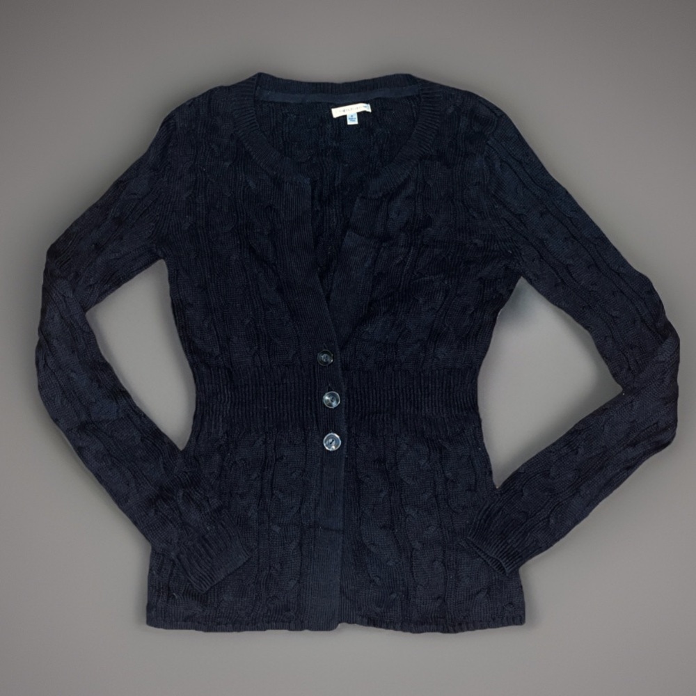 Cracker & Barrel Women Black Cable Knit 100% Cotton Cardigan 3 Button’s Sweater